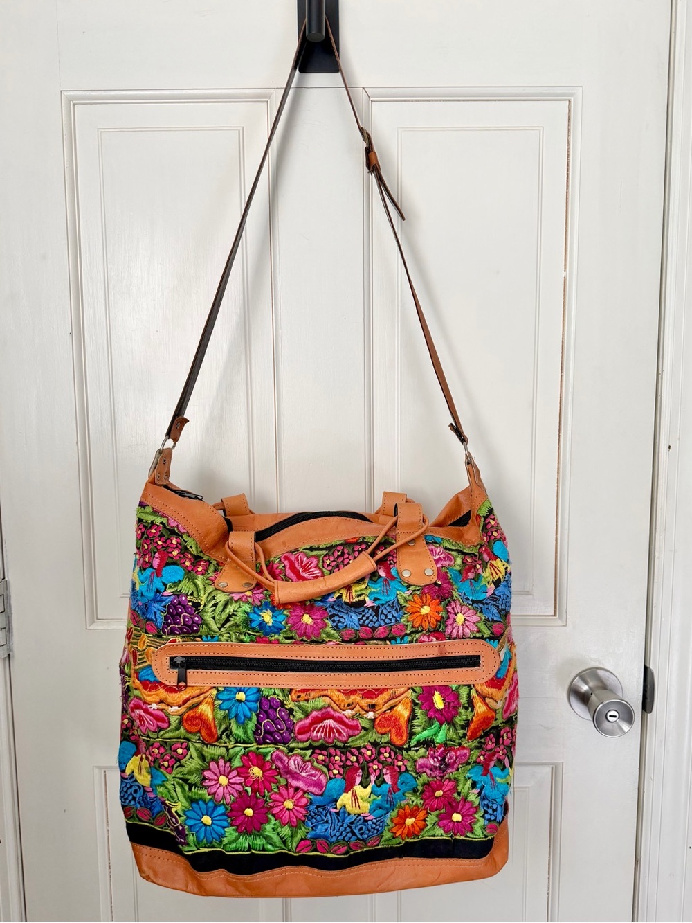 Large Boho Huipil Mexican Embroidered Leather Travel Bag Artisan Floral Tote